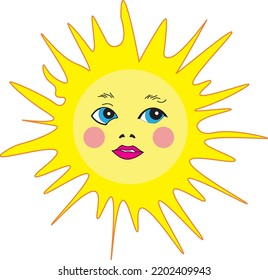 Vector illustration depicting a yellow sun with rays, blue eyes and pink lips in bright colors for prints, textiles and web design