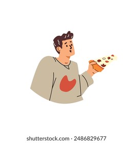 Vector illustration depicting a young character holding a slice of pizza in his hands. Close-up of a man enjoying pizza. Colorful food, fast food. Flat style on isolated background.