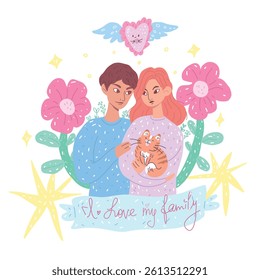 Vector illustration depicting a young couple hugging their cat, surrounded by flowers on a white background. The stage radiates love and warmth of the hearth