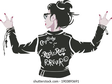 Ilustración vectorial que representa a una joven con una chaqueta de cuero. Una chica rockera muestra una cabra con sus manos. Popularización del rock and roll. Pegatina. Emblema. Símbolo.