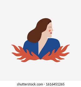 Vector illustration depicting young lady. Portrait of a girl in blue blouse. Plant elements. drawing of a woman. Women's day related image.