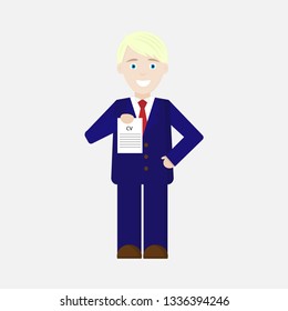 vector illustration depicting a young man in a business suit holding a CV for a job on a white background