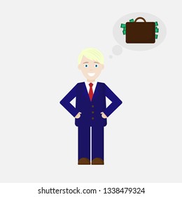vector illustration depicting a young man in a business suit dreaming about a suitcase with money on a white background