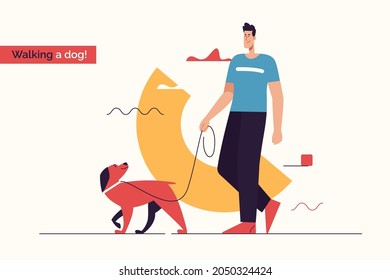 Vector illustration depicting a young smiling man walking a dog on a leash. Editable stroke.