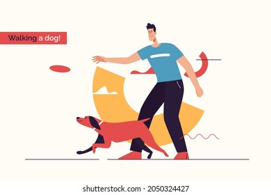 Vector illustration depicting a young smiling man playing with a dog. Editable stroke.