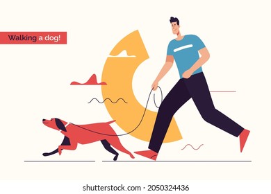 Vector illustration depicting a young smiling man running a dog on a leash. Editable stroke.