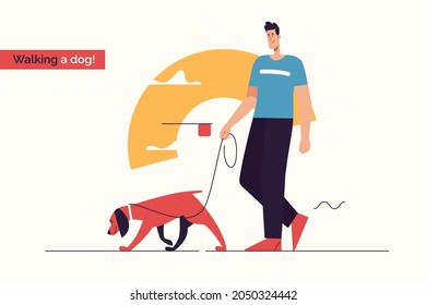 Vector illustration depicting a young smiling man walking a dog on a leash. Editable stroke.