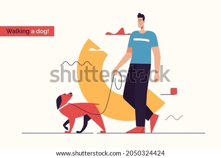Vector illustration depicting a young smiling man walking a dog on a leash. Editable stroke.