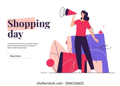 Vector illustration depicting a young woman with loudspeaker standing on the background of shopping bags. Editable stroke.