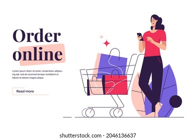 Vector illustration depicting a young woman with phone and shopping cart on the subject of sale, promotions, online shopping. Editable stroke.