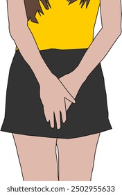 Una Ilustración vectorial que representa a una mujer joven que experimenta molestias debido a problemas vaginales, como incontinencia urinaria o picazón genital. La Imagen la muestra sosteniendo su abdomen inferior, conve