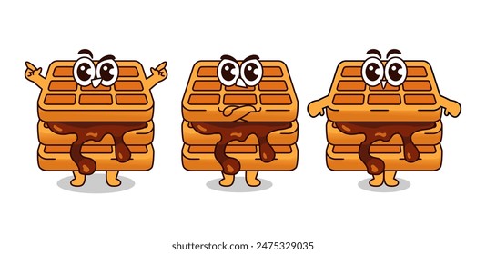 The vector illustration depicts an adorable waffle character engaging in playful activities. This cute waffle has a friendly face with big, expressive eyes and a cheerful smile. The waffle is depicted