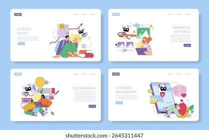 Vector illustration depicts AI assisting in study sessions, creating generative art, collaborating in co-creative projects, and providing friendly support in digital therapy environments.