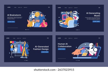 Vector illustration depicts AI integrating into various creative fields. Scenes include brainstorming, music generation, fashion design, and human-AI collaboration, highlighting innovation.