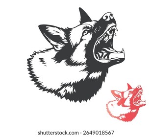 A vector illustration depicts an angry German Shepherd dog head with its mouth wide open, showing sharp teeth, and a smaller colored version.