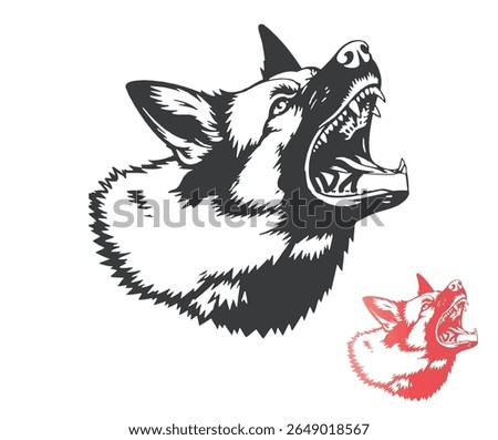 A vector illustration depicts an angry German Shepherd dog head with its mouth wide open, showing sharp teeth, and a smaller colored version.