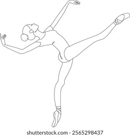 Vector illustration depicts a ballerina in dynamic pose,  standing on pointe. It emphasizes elegance, balance, and the fluidity of classical ballet.