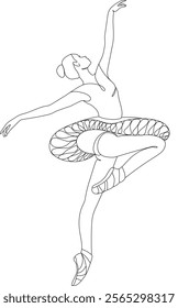 Vector illustration depicts a ballerina in a poised, dynamic pose, wearing a detailed tutu and standing on pointe. It emphasizes elegance, balance, and the fluidity of classical ballet.