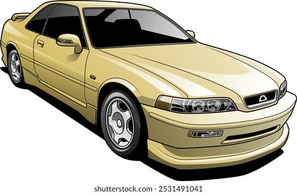 A ilustração vetorial retrata um carro esportivo bege com um design elegante, faróis detalhados e rodas de liga, mostrando um alto nível de detalhe artístico