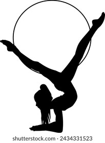 A vector illustration depicts a black silhouette of a gymnast performing an acrobatic routine with a hoop against a white background. The silhouette embodies grace, flexibility, and elegance, creating