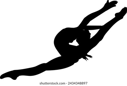 Eine Vektorgrafik zeigt eine schwarze Silhouette eines Turners, der einen Splitsprung vor einem weißen Hintergrund durchführt. Die Silhouette strahlt Anmut, Flexibilität und Eleganz aus und fängt die dynamische Bewegung ein