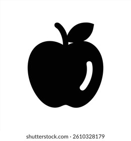 A vector illustration depicts a black silhouette of an apple featuring a leaf on top. The design is minimalist, perfect for educational materials or food related themes.