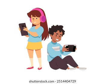 Vector illustration depicts a boy and a girl using a phone and a tablet. Happy characters of different races represent children's addiction to gadgets in a flat cartoon style.