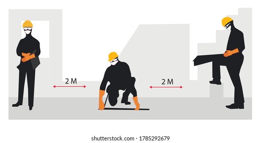 vector illustration depicts builders at a construction site keep a distance of 2 meters and are wearing masks, glasses and gloves