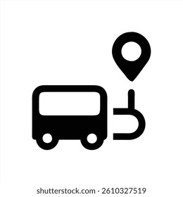 A vector illustration depicts a bus accompanied by a location pin, symbolizing public transit and travel. This design highlights urban mobility and wayfinding for commuters.