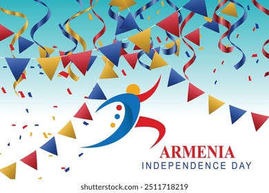 The vector illustration depicts a celebration of Armenia's Independence Day. It features a festive background with colorful flags, confetti, and ribbons, symbolizing joy and celebration.