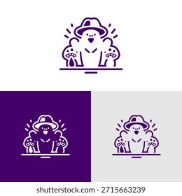 A vector illustration depicts a character design featuring a hat and stylized mushrooms. The artwork showcases a linear style with a limited color palette. The composition may be suitable for various applications, including website graphics, educational materials, or decorative design elements, with potential commercial uses.