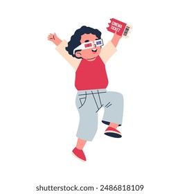 The vector illustration depicts a cheerful boy wearing 3D glasses, holding a movie ticket in his hands. Children's time at the cinema in a flat cartoon style on an isolated background.