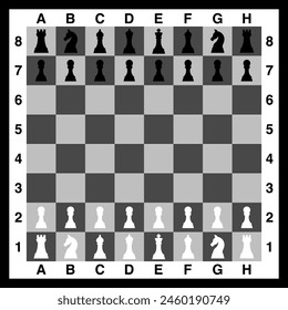 Vector illustration depicts a chessboard set up for a game, with all the black and white chess pieces positioned on their squares