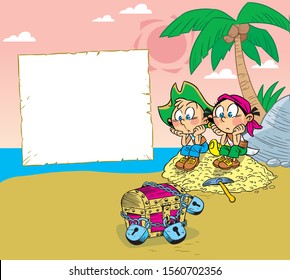 The vector illustration depicts children on the island playing pirates.