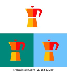A vector illustration depicts a coffee maker in a minimalist style, featuring bold orange and yellow colors. The design appears against three different solid-colored backgrounds, including white, green, and blue. This image is suitable for various commercial uses, such as illustrating articles or for design elements.