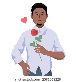 A vector illustration depicts a confident Black man holding a red rose, symbolizing love and romance. A small heart adds warmth, making it perfect for themes like dating, Valentine’s Day, proposals