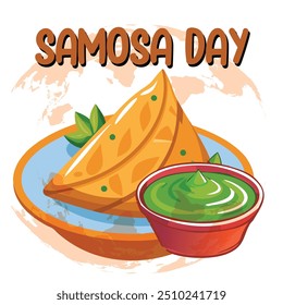 The vector illustration depicts a crispy samosa on a plate with a bowl of green chutney. The background features a stylized world map, suggesting the global popularity of this beloved snack.