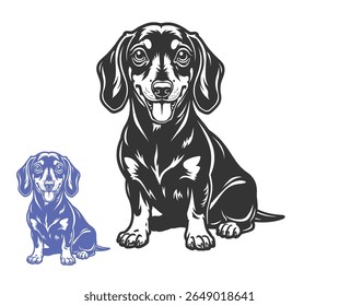 A vector illustration depicts a dachshund dog in black and white, along with a blue-toned variant of the same design.