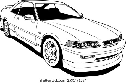 Ilustração vetorial retrata um desenho detalhado e linear de um carro esportivo, mostrando um design aerodinâmico elegante com faróis proeminentes, um para-choque frontal baixo e rodas de liga elegante