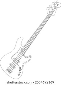 The vector illustration depicts a detailed outline of an electric bass guitar, showcasing its body, neck, frets, tuning pegs, pickups, and control knobs