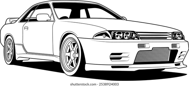 The vector illustration depicts a detailed and stylized side view of a sports car, specifically highlighting its aerodynamic design, prominent front grille, and intricate wheel details