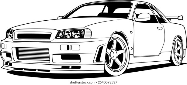 The vector illustration depicts a detailed, stylized drawing of a sports car, showcasing its sleek design, prominent front bumper, aerodynamic body, and large alloy wheels