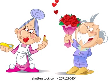 The vector illustration depicts an elderly active couple in a cartoon style. Grandma does makeup and grandpa gives her a bouquet of flowers