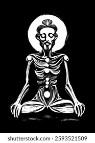 Vector illustration depicts an emaciated, meditative figure with a skeletal frame, sitting in a cross-legged position. A glowing halo behind the figure’s head 