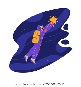Vector illustration depicts a female astronaut in a protective suit holding a bright star. She is standing against a dark sky filled with twinkling stars in space. Flat style.