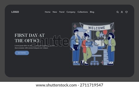 Vector illustration depicts a first day at the office scene with colleagues welcoming a newcomer. Features cheerful interaction, decorative welcome banner, and office environment.