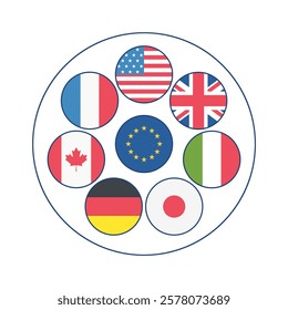 vector illustration depicts the flags of the G7 countries in circular formation, symbolizing unity and cooperation on the global stage. perfect for news articles, international politics and economics