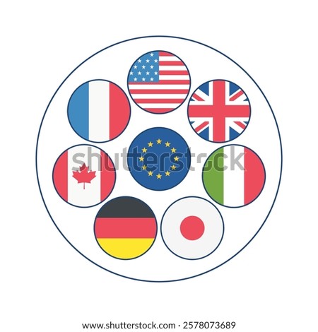 vector illustration depicts the flags of the G7 countries in circular formation, symbolizing unity and cooperation on the global stage. perfect for news articles, international politics and economics