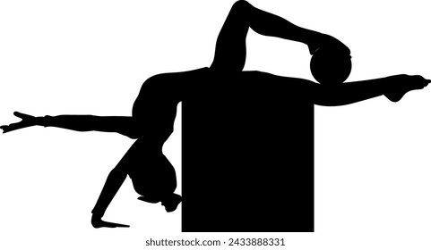 Una ilustración vectorial representa a una niña en silueta negra practicando gimnasia artística en un cubo, ejecutando movimientos acrobáticos con una pelota sobre un fondo blanco. Muestra gracia, flexibilidad y