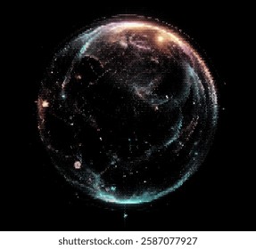 Vector illustration depicts a glowing, multicolored sphere composed of dots, set against a dark background. The design evokes cosmic or digital themes with a sense of depth and mystery.